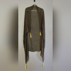 Olive Green and Bright Yellow Print Scarf with Tassels